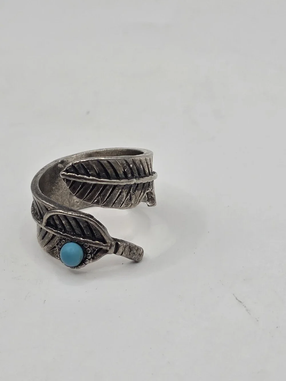 Boho Silver Tone Feather Wrap Ring with Blue Stone Adjustable
